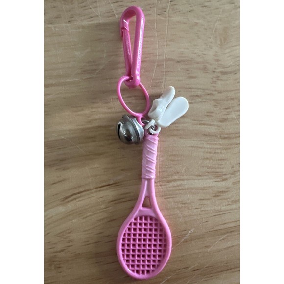 Vintage 80's Plastic Clip Charm Bell Necklace Tennis Pink Racquet White Shoes - Picture 2 of 2